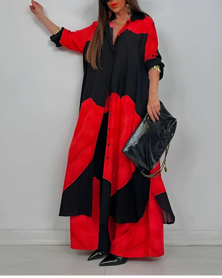 ISABEAU – SET TOPA S TRENDI PATCHWORK PRINTOM I ŠIROKIH HLAČA