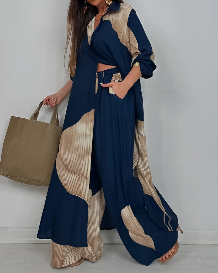 ISABEAU – SET TOPA S TRENDI PATCHWORK PRINTOM I ŠIROKIH HLAČA