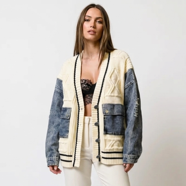Ramona – Pleteni kardigan s patchwork uzorkom i ležerne traperice