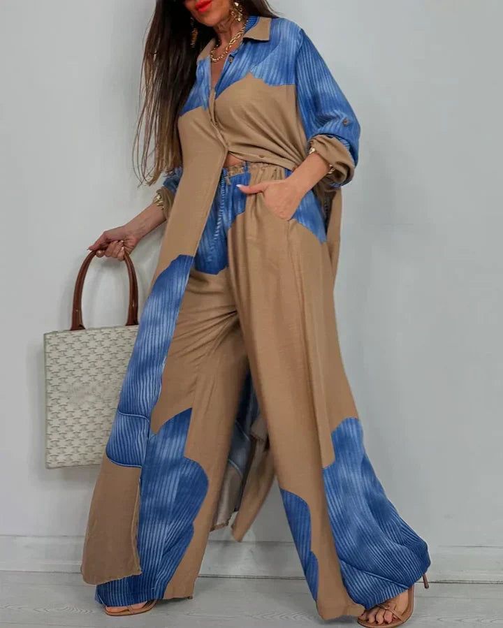 ISABEAU – SET TOPA S TRENDI PATCHWORK PRINTOM I ŠIROKIH HLAČA