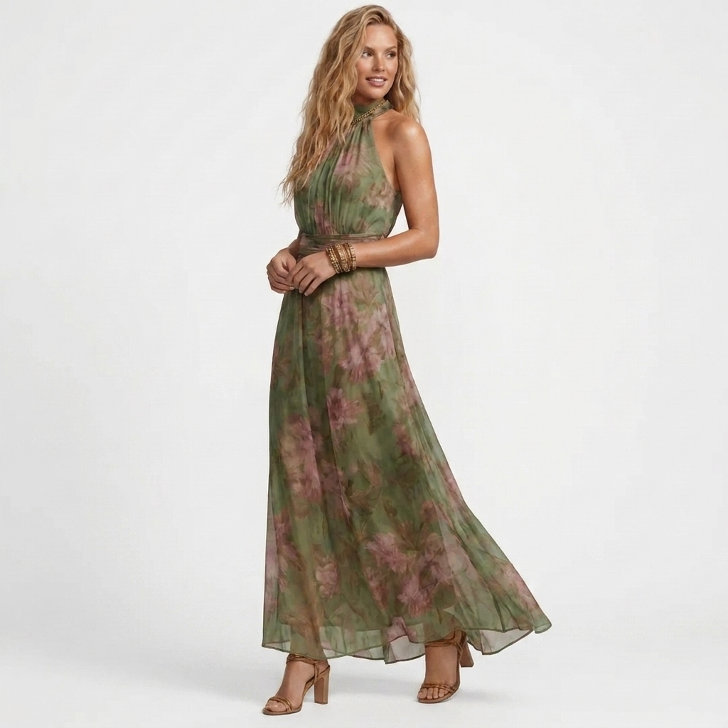 Violeta - Zelena maxi haljina s cvjetnim printom